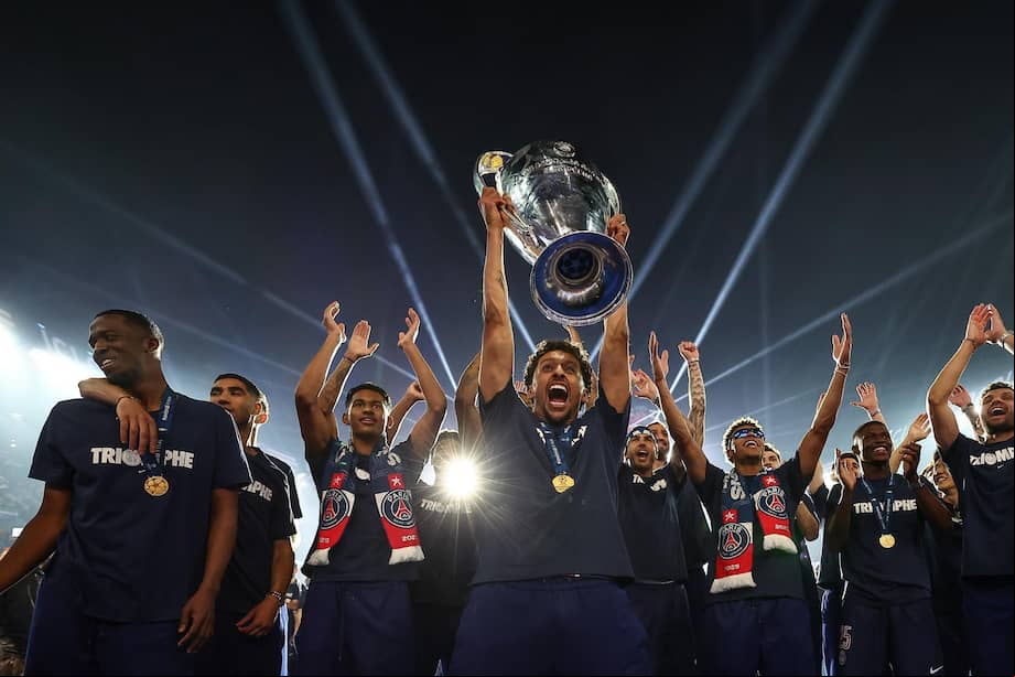 Los jugadores de PSG, en la celebración del título de la Champions.