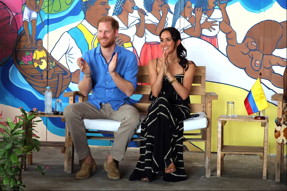 CARTAGENA, COLOMBIA - AUGUST 17: Prince Harry, Duke of Sussex and Meghan, Duchess of Sussex at the Escuela Tambores de Cabildo during The Duke and Duchess of Sussex Colombia Visit on August 17, 2024 in Cartagena, Colombia. (Photo by Eric Charbonneau/Archewell Foundation via Getty Images)