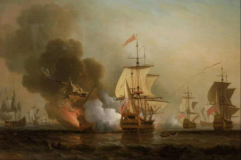 En esta pintura, se ve representada la versión original del hundimiento, con el San José envuelto en llamas debido a una explosión.