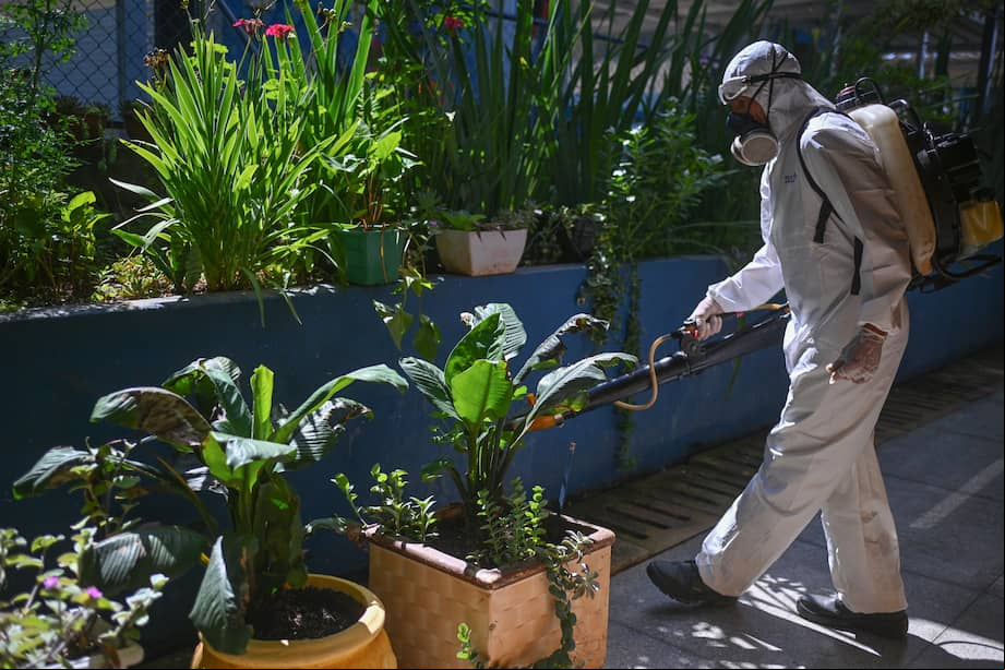 Trabajador durante una jornada de fumigación al interior de una escuela para prevenir la proliferación del mosquitos transmisores de enfermedades. EFE/ André Borges
