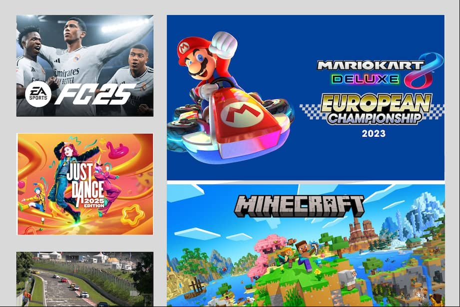 Portada de EA Sports FC 25, Just Dance 2025 Edition, Gran Turismo 7, Mario Kart 8 Deluxe y Minecraft.