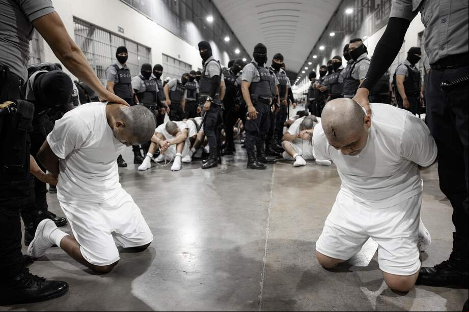 Fotografía cedida por la Presidencia de El Salvador de guardias del Centro de Confinamiento del Terrorismo (Cecot) trasladando a supuestos de la banda criminal conocida como Tren de Aragua, el domingo pasado en San Luis Talpa. El presidente de El Salvador, Nayib Bukele, anunció a través de su cuenta de X que recibió a 238 jóvenes que estarán recluidos durante un año en el Cecot.