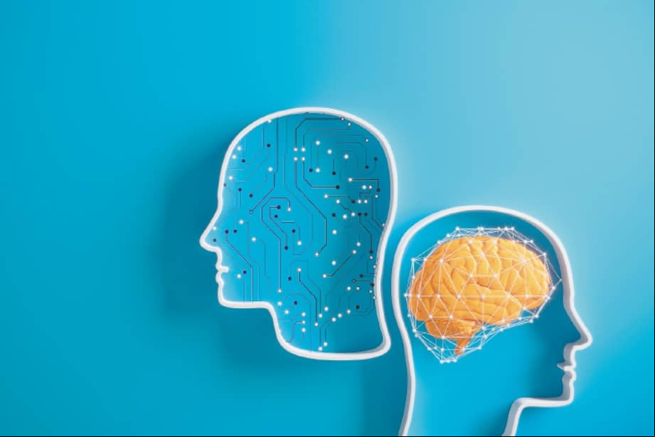 Artificial Intelligence against The Human Brain on blue background. ( 3d render )