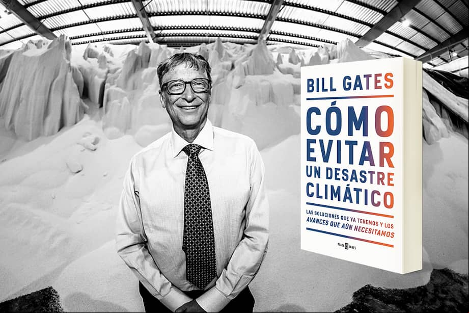 Bill Gates en una investigación de campo en la central de distribución de fertilizantes en Dar-es-Salaam (Tanzania), en 2018, y la portada de su libro, editado para Colombia por Plaza & Janés.