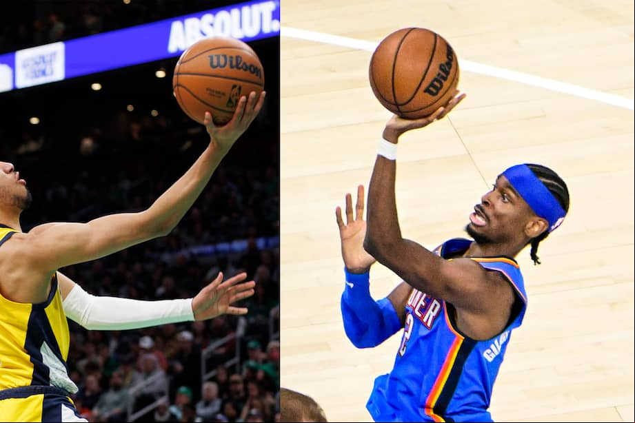 Tyrese Haliburton (izq.) de los Indiana Pacers y Shai Gilgeous Alexander de Oklahoma City Thunder, protagonistas de la final de la NBA, que arranca este jueves. EFE/ Cj Gunther/ Gerald Leong ARCHIVO