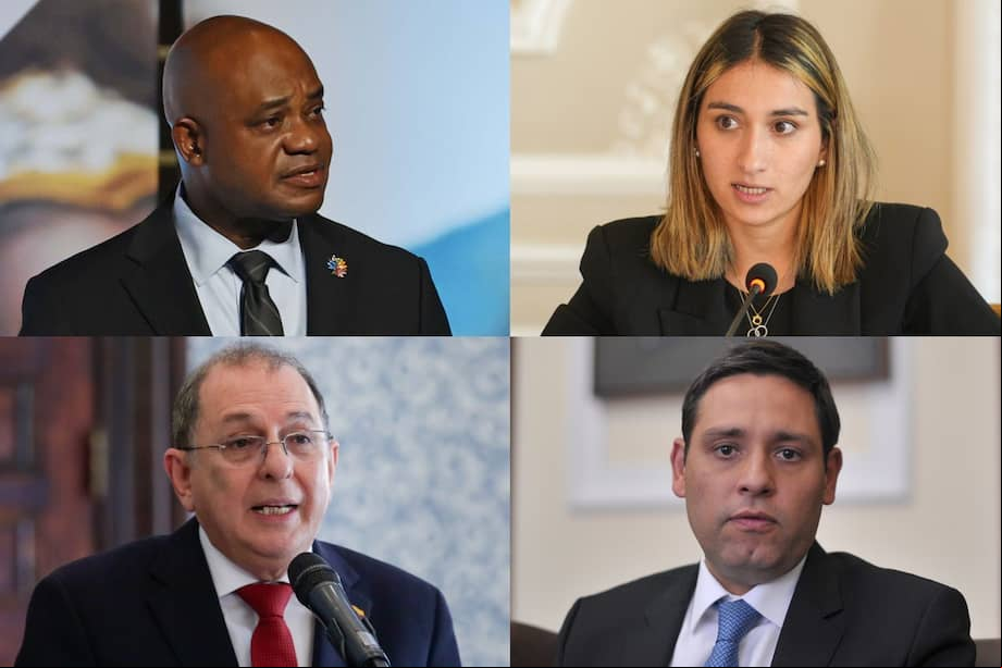 Canciller Luis Gilberto Murillo, directora del Dapre, Laura Sarabia; vicenciller Jorge Rojas y ministro saliente de las TIC, Mauricio Lizcano.
