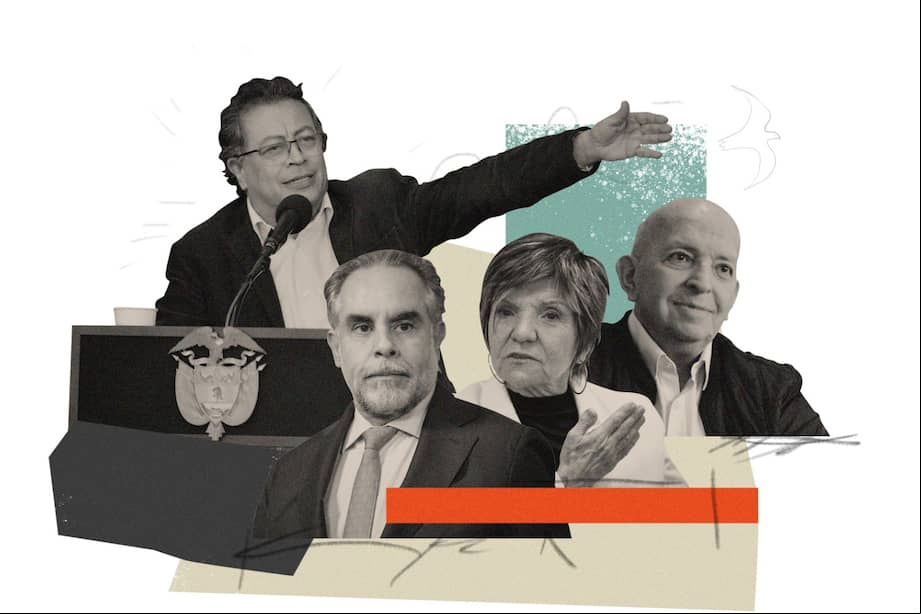 El presidente Gustavo Petro junto al ministro del Interior, Armando Benedetti; la directora de la Unidad de Implementación, Gloria Cuartas, y el comisionado de paz, Otty Patiño, que lideran las entidades que tienen a cargo la implementación del Acuerdo de Paz.
