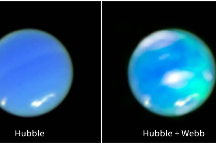 A la izquierda, imagen en color de Neptuno obtenida con el telescopio espacial Hubble de la NASA/ESA. A la derecha, esa imagen se combina con datos del telescopio espacial James Webb de la NASA/ESA/CSA.